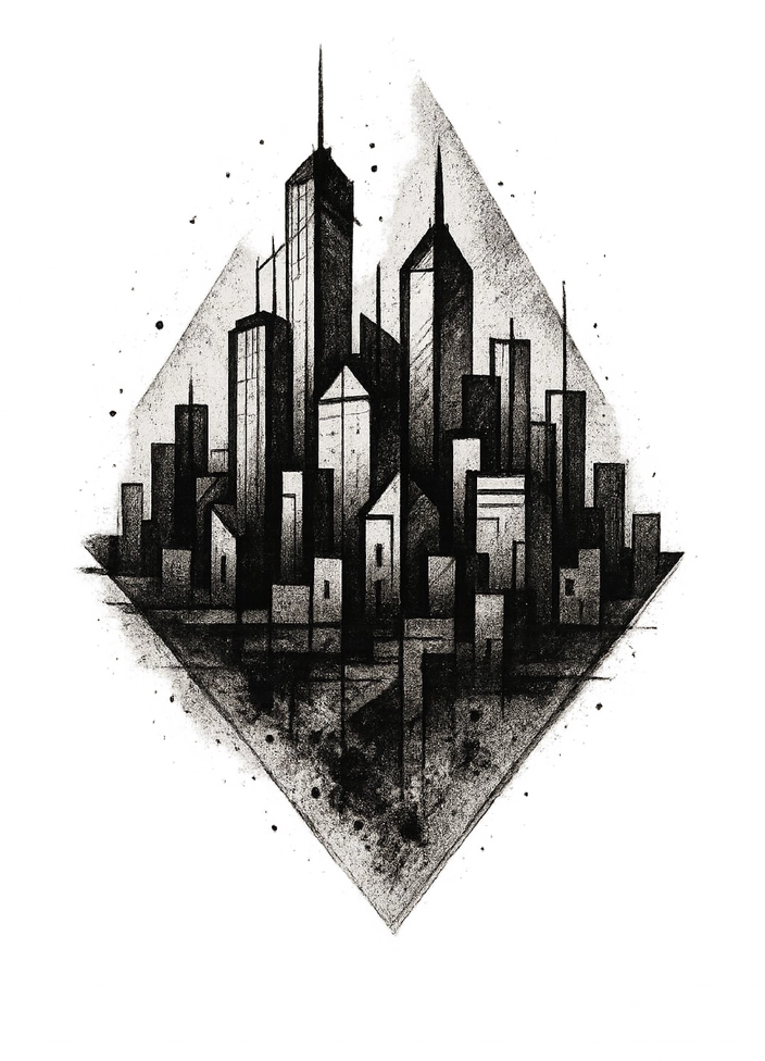 Tattoovorlage abstrakte Stadtlandschaft Schwarz-Weiß