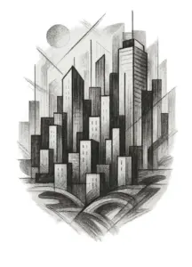 abstrakte-darstellung-einer-stadtlandschaft-tattoo-oberschenkel