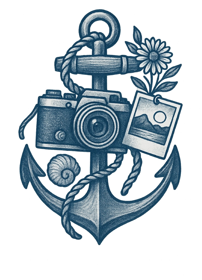 Tattoovorlage Anker mit Kamera und Erinnerungsstücken
