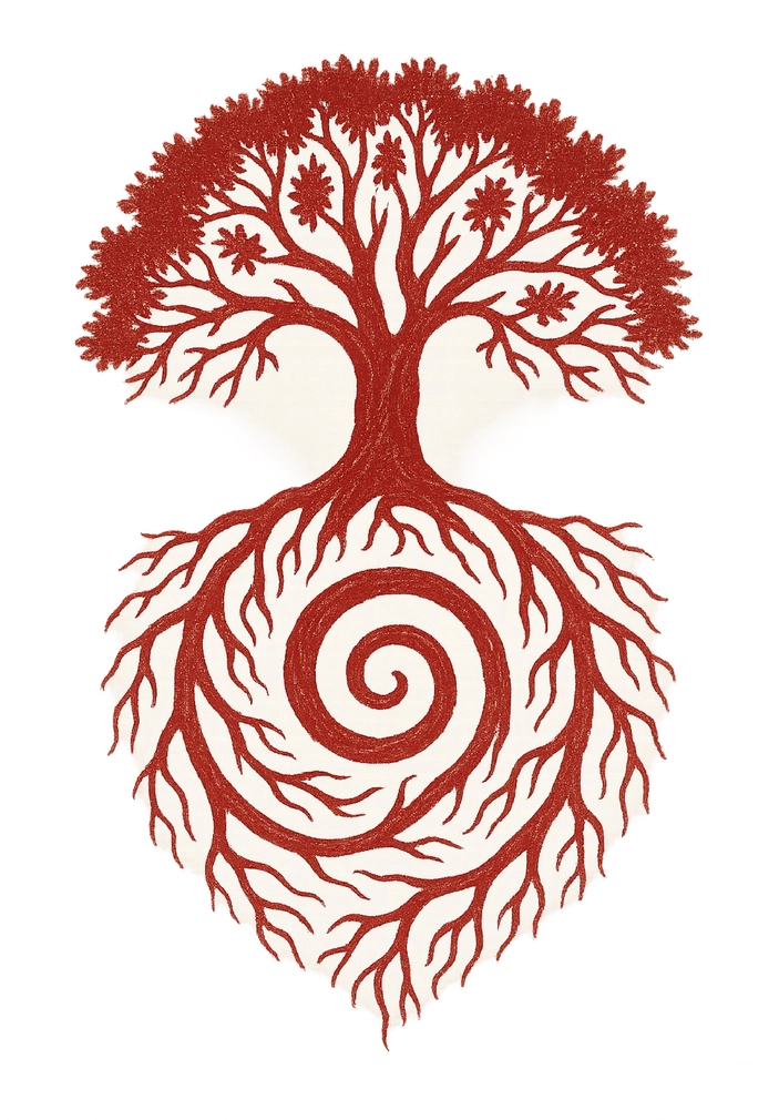 Tattoovorlage Baum mit Spirale aus Wurzeln und Ästen