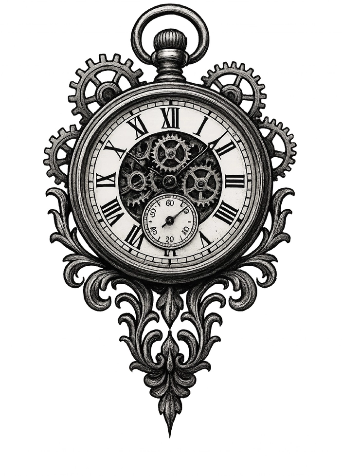 Tattoovorlage - Detaillierte Uhr mit Zahnrädern und Verzierungen