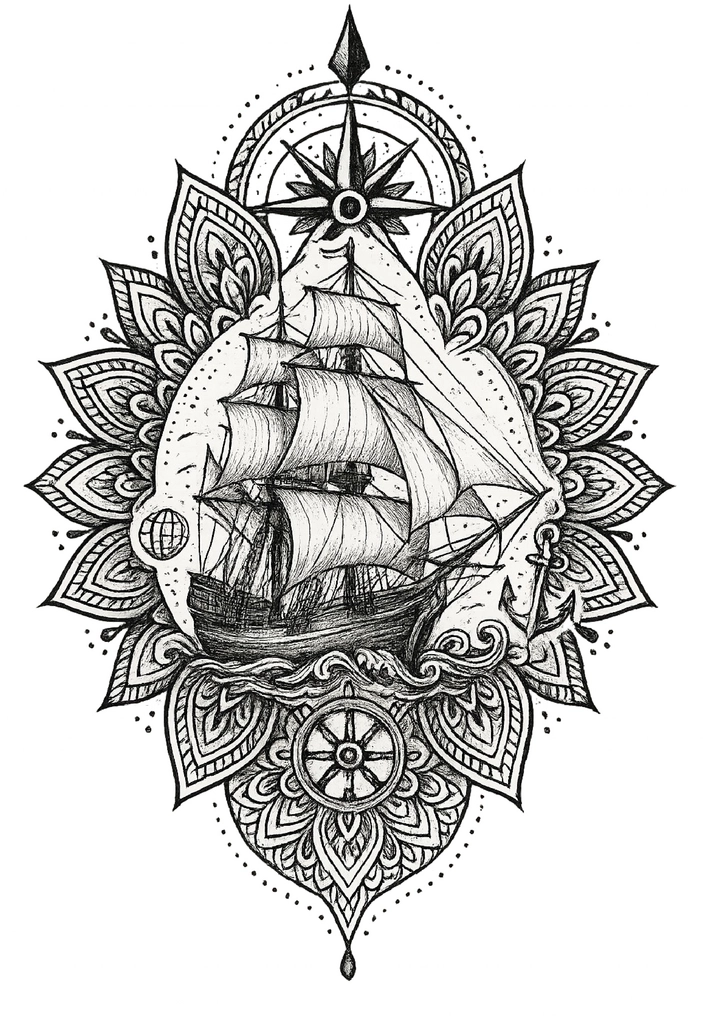 Tattoovorlage mit Schiff und nautischen Symbolen