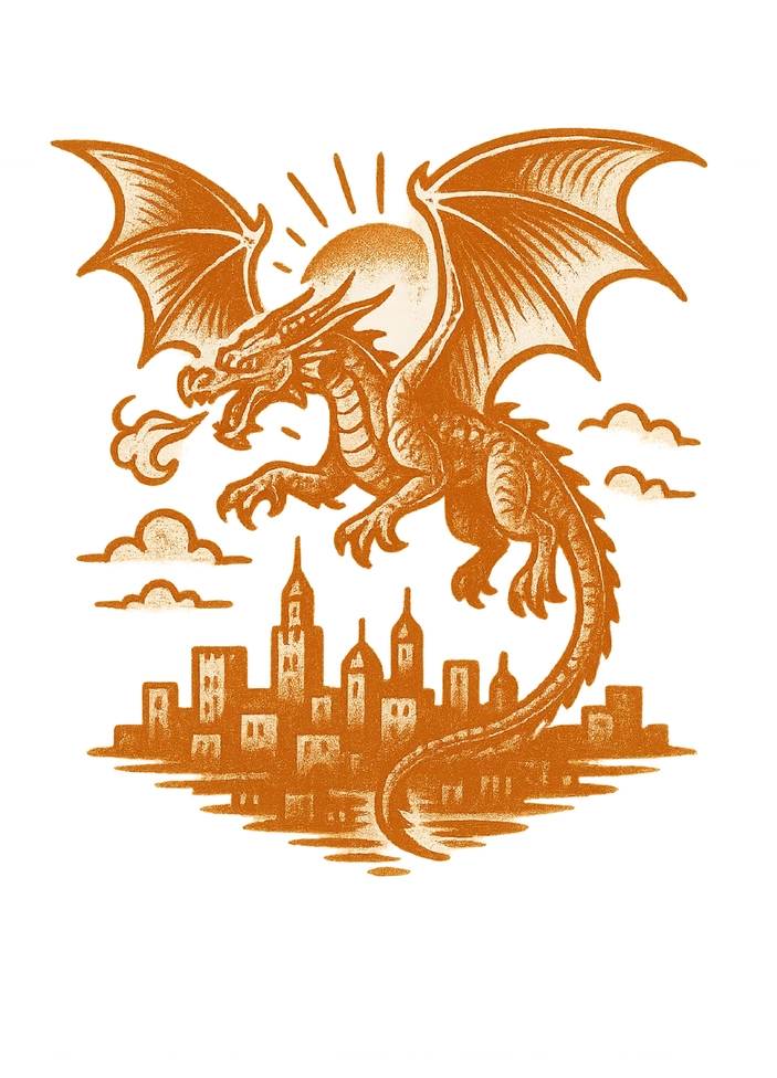 Tattoovorlage Drachen über Stadt mit Sonnenuntergang