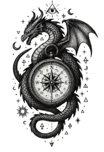 drache-kompass-mystische-symbole-tattoo-vorlage