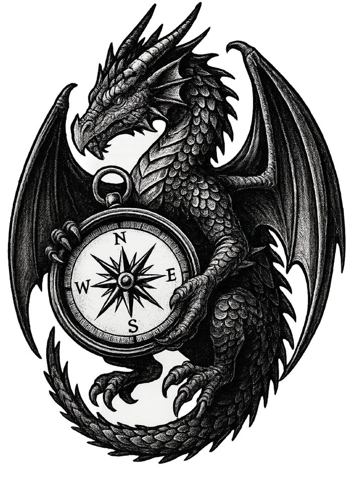 Tattoovorlage Drache mit Kompass für Abenteuerlust