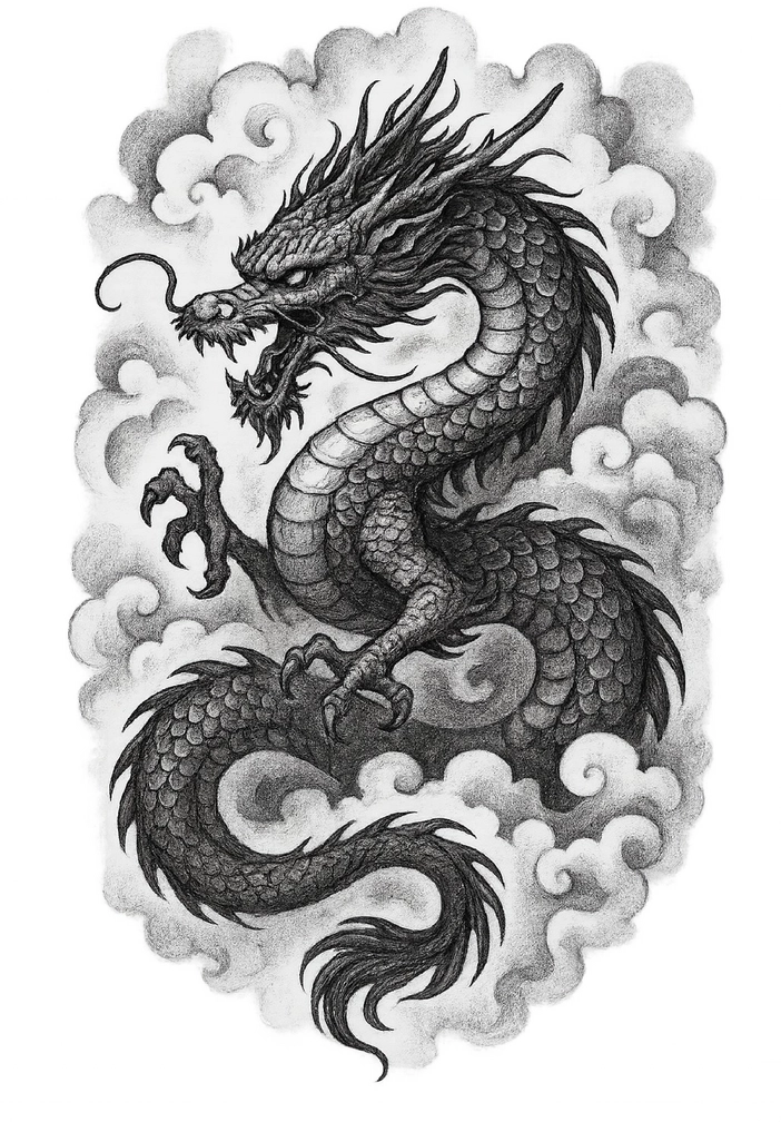 Tattoovorlage Drache mit stilisierten Wolken für den Rücken
