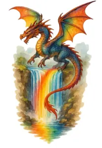 drache-ueber-wasserfall-in-regenbogenfarben-tattoo-vorlage