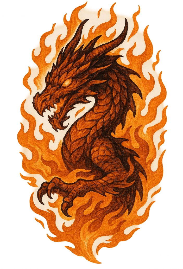 Tattoovorlage Drachen in Flammen mit leuchtenden Augen