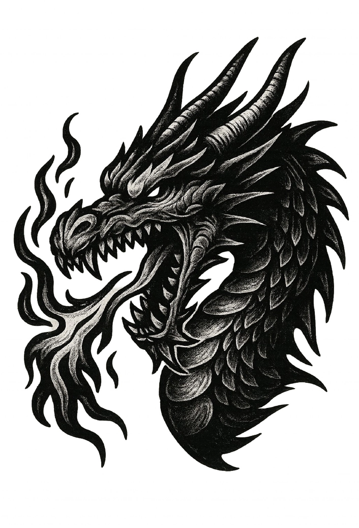 Tattoovorlage Drachenkopf mit Feuer und scharfen Zähnen