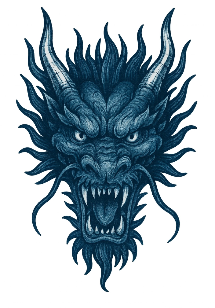 Tattoovorlage Drachenkopf mit intensiven Augen und scharfen Zähnen