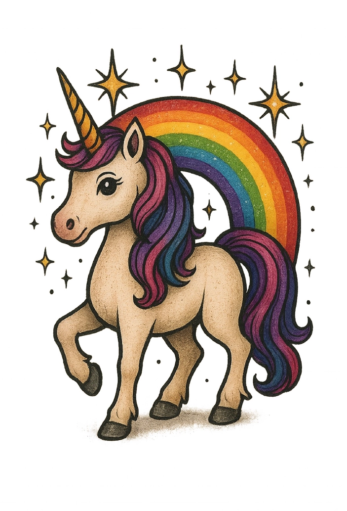 Tattoovorlage Einhorn mit Regenbogen und funkelnden Sternen