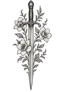 elegantes-schwert-mit-floralen-verzierungen-tattoovorlage