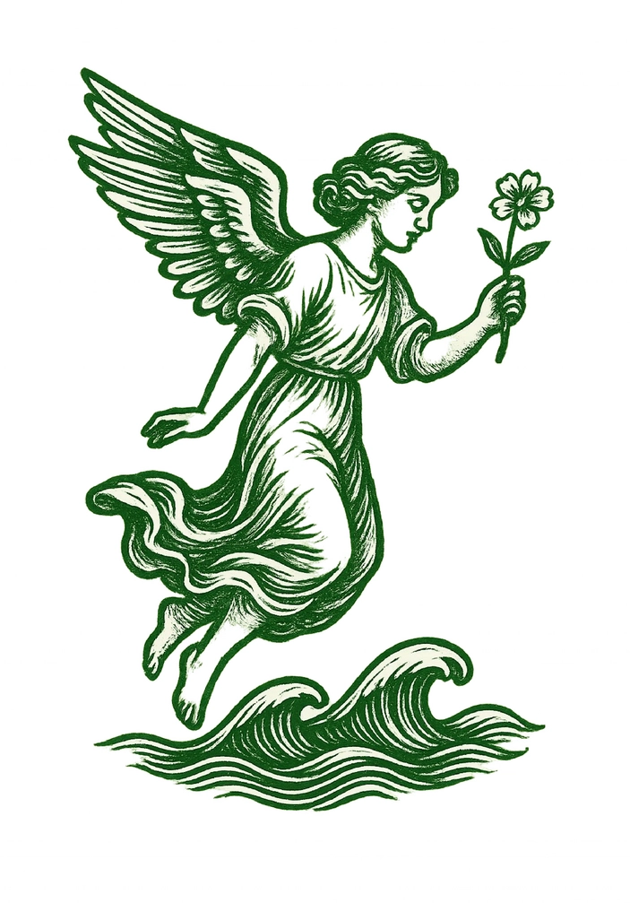 Tattoovorlage Engel mit Blume über Wellen in Grün