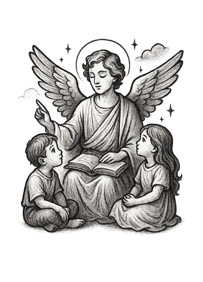 Tattoovorlage Engel erzählt Kindern im Himmel schwarz-weiß
