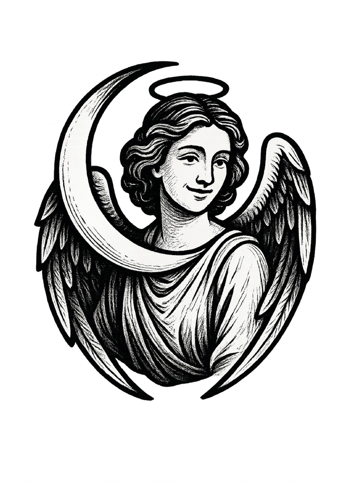 Tattoovorlage Engel mit Mond und Lächeln