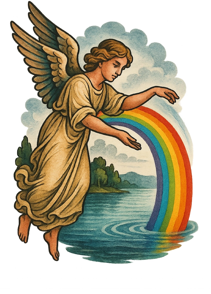 Tattoovorlage Engel mit Regenbogen über See