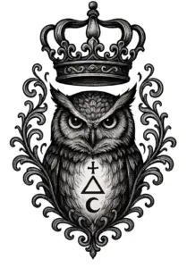 eule-mit-krone-und-mystischen-symbolen-schwarz-weiss