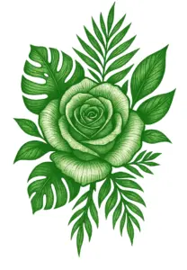 gruene-rose-mit-tropischen-blaettern