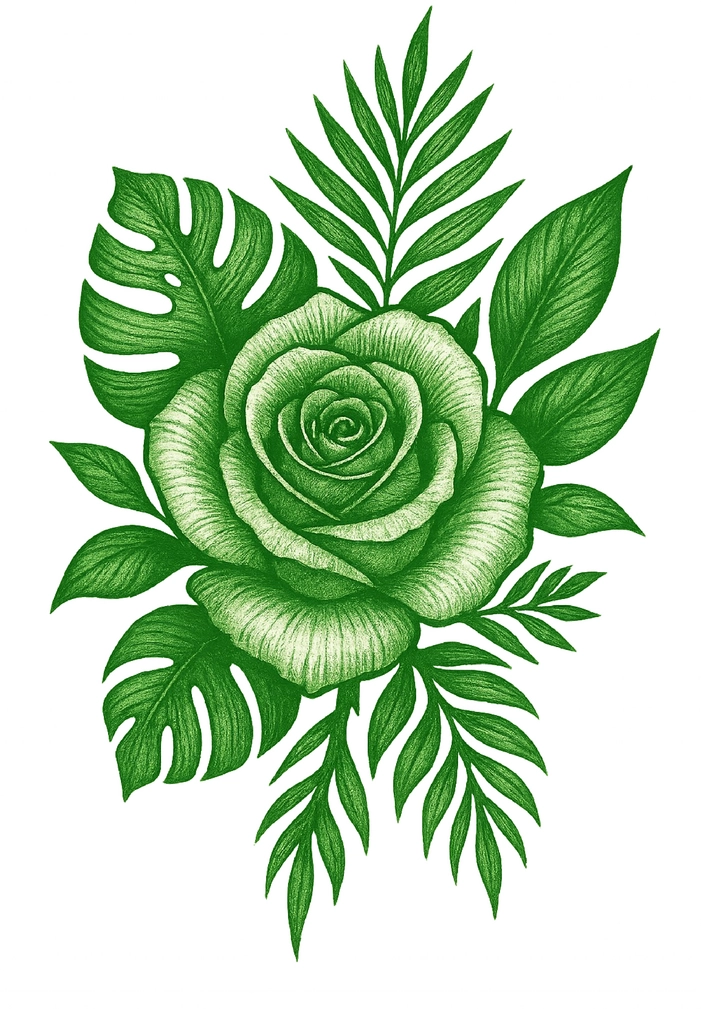 Tattoovorlage: Grüne Rose mit tropischen Blättern