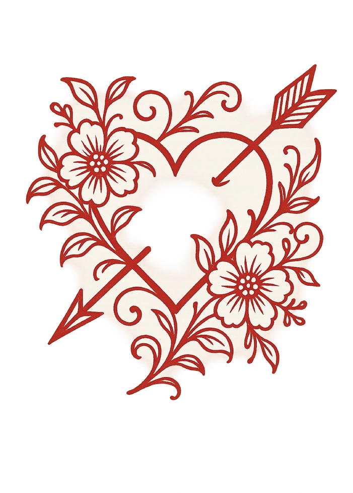 Tattoovorlage Herz mit Pfeil und floralen Elementen