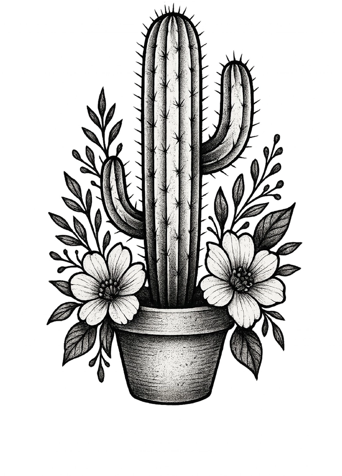 Tattoovorlage Kaktus in Tontopf mit floralen Elementen