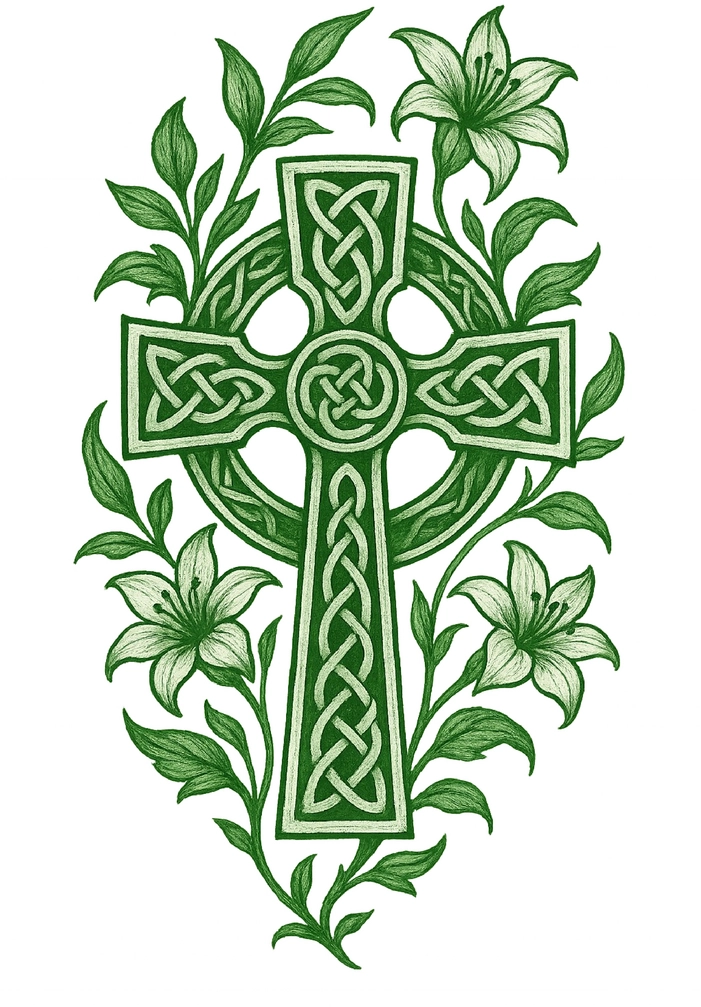 Tattoovorlage Keltisches Kreuz mit floralen Elementen für die Schulter