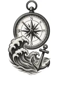 kompass-anker-wellen-design-tattoo-schwarz-weiß