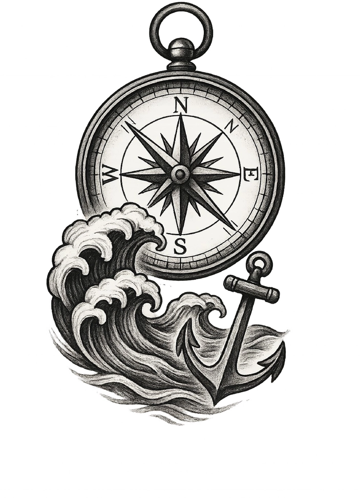 Tattoovorlage Kompass Anker und Wellen Design