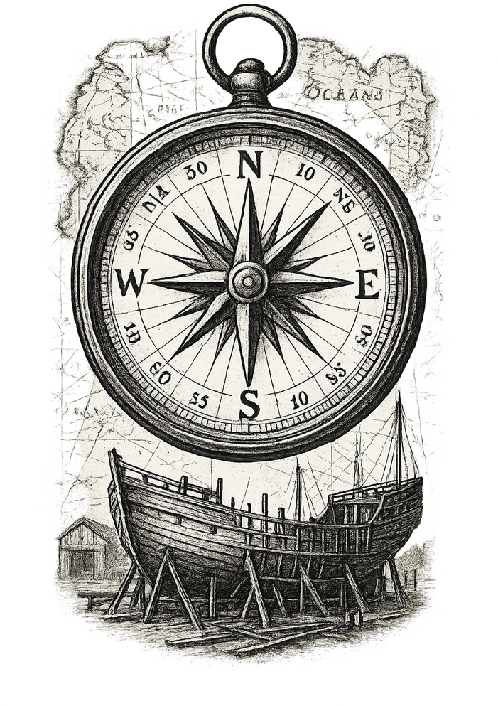 Tattoovorlage Kompass mit Schiff und Seekarten