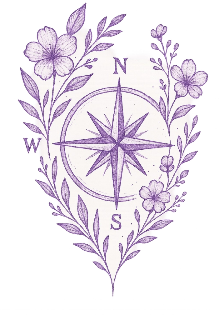 Tattoovorlage Kompass mit floralen Elementen in lila