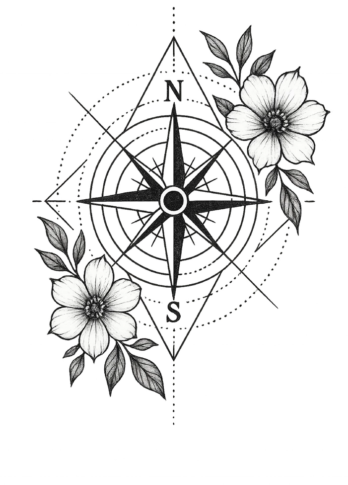 Tattoovorlage Kompass mit Blumenmotiv für den Oberarm