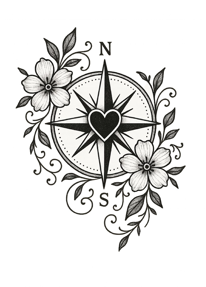 Tattoovorlage Kompass mit Blumenranken und Herz