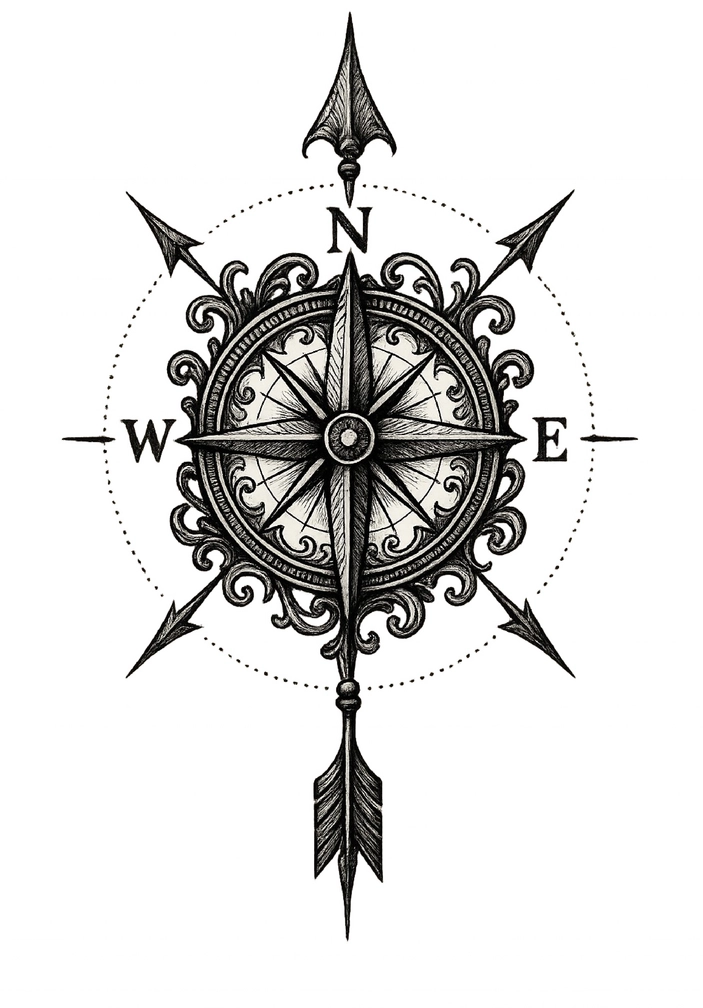Tattoovorlage Kompass mit filigranen Details für Oberarm