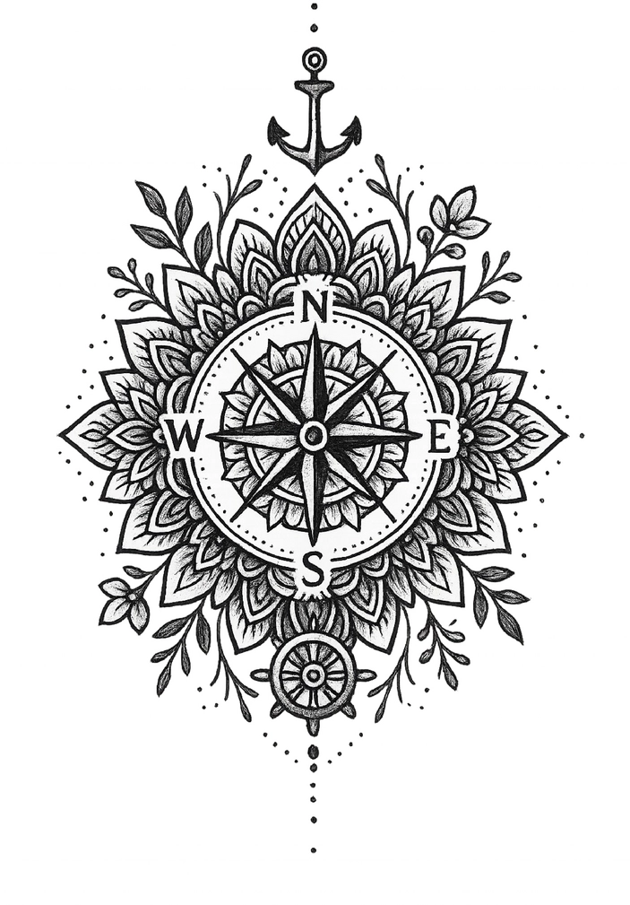 Tattoovorlage Kompass mit floralen Akzenten und nautischen Symbolen