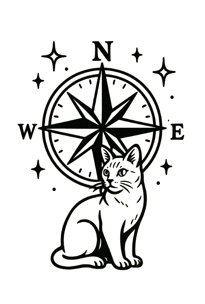Tattoovorlage Kompass mit Katze und Sternen