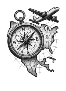 kompass-mit-landkarte-und-flugzeug-tattoo