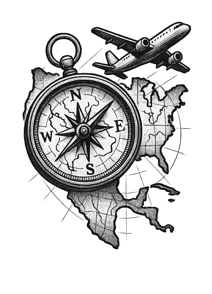 Tattoovorlage Kompass mit Landkarte und Flugzeug