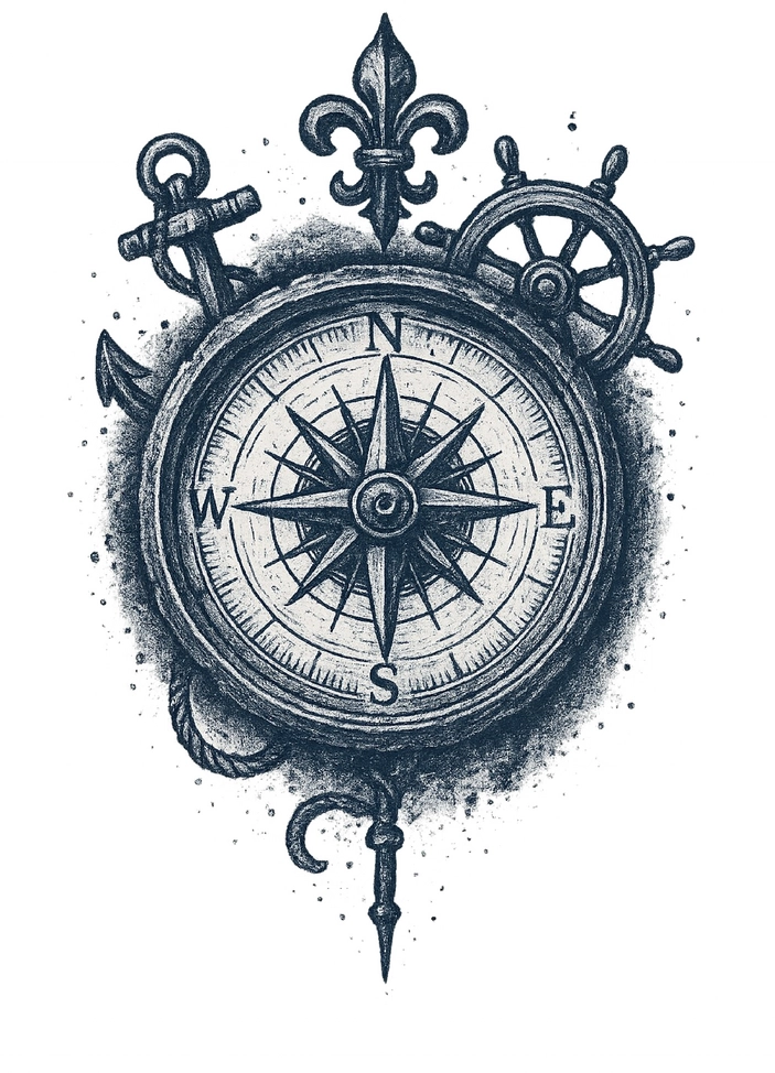 Tattoovorlage Kompass mit nautischen Symbolen und vintage Look