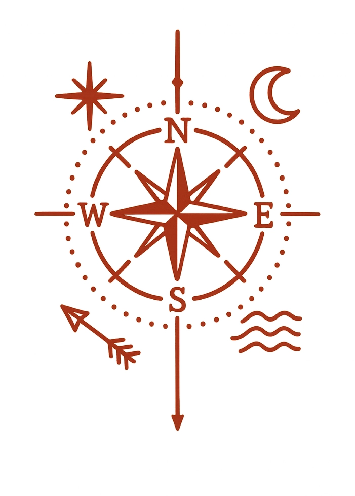 Tattoovorlage Kompass mit Symbolen und stilisierten Elementen