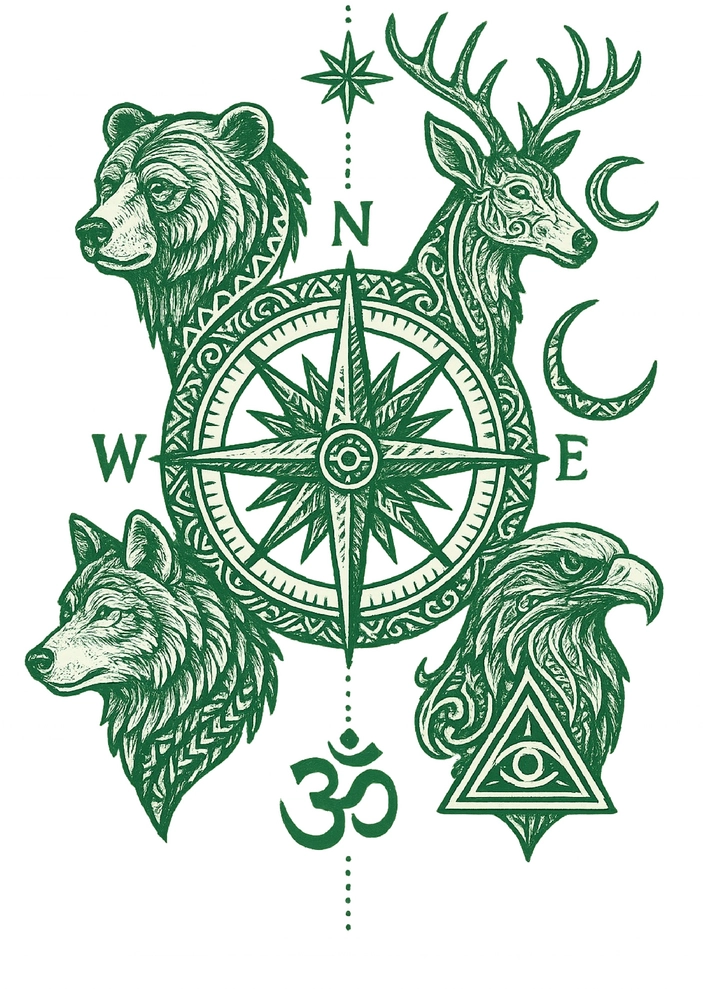 Tattoovorlage Kompass mit Tieren und Symbolen