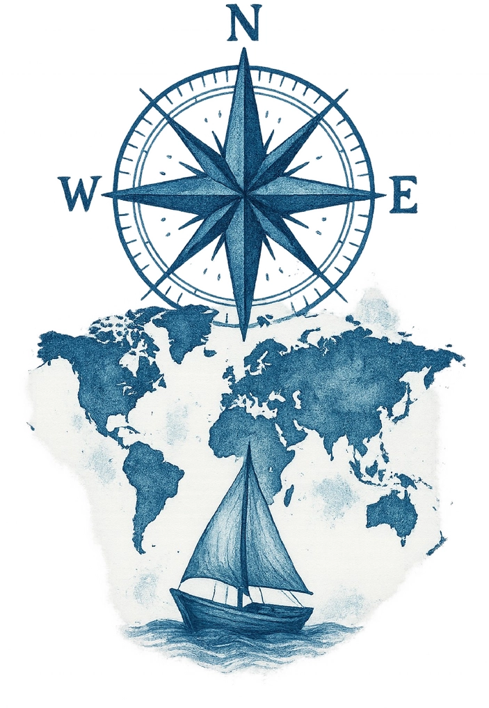Tattoovorlage Kompass mit Weltkarte und Segelboot