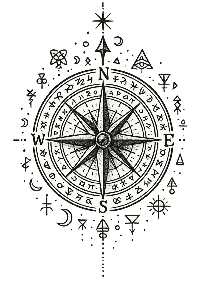 Tattoovorlage Kompass mit mystischen Symbolen und Glyphen