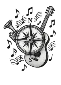kompass-und-musikinstrumente-tattoo-vorlage-schwarz-weiss
