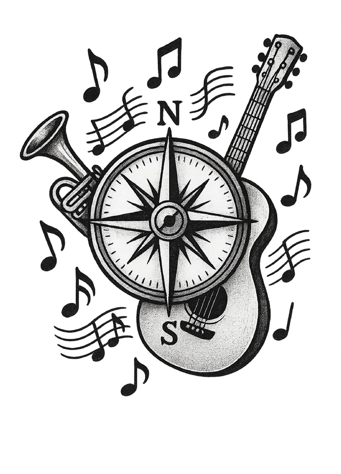 Tattoovorlage Kompass mit Musikinstrumenten und Noten