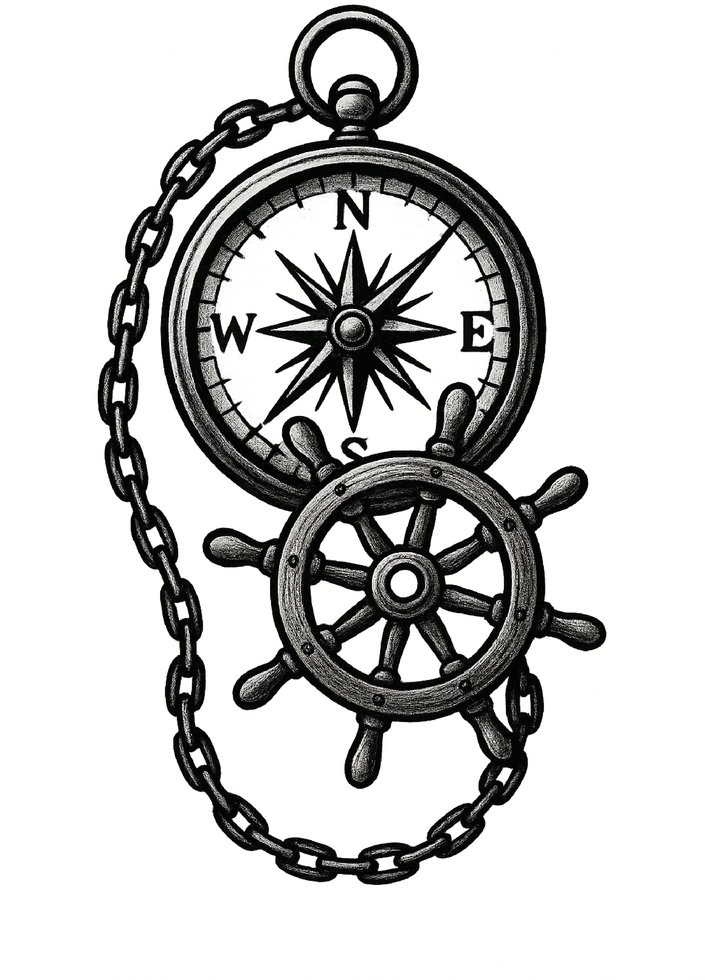 Tattoovorlage mit Kompass und Schiffsrad für Männer