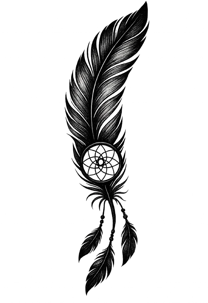 Tattoovorlage: Kunstvolle Feder mit Traumfänger