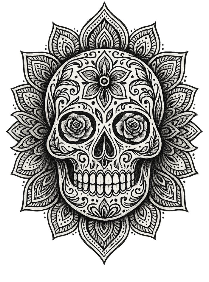 Tattoovorlage mit kunstvollem Totenkopf und floralen Mustern