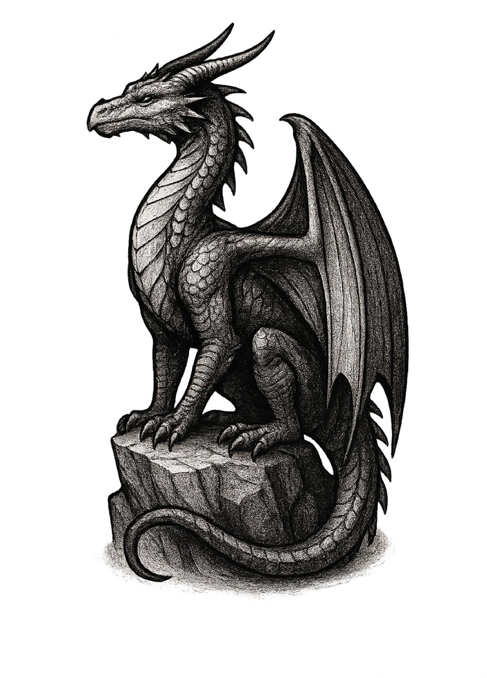 Tattoovorlage majestätischer Drache auf Felsen