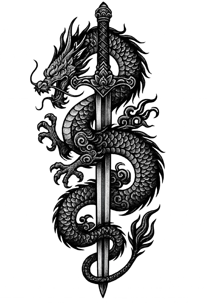 Tattoovorlage Drachen um Schwert - Schwarz-Weiß Design