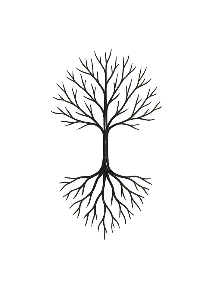 Tattoovorlage minimalistischer Baum mit Wurzeln und Ästen